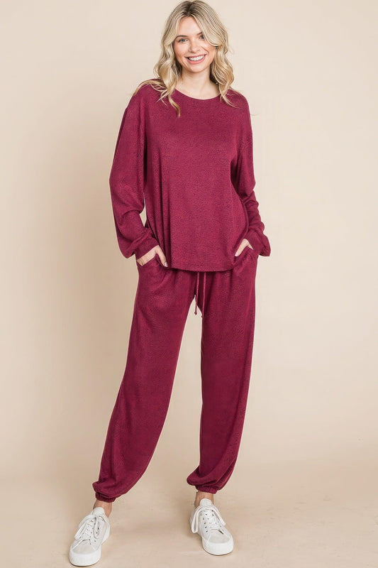 Two Tone Solid Warm And Soft Hacci Brush Loungewear Set - Leur Beau Monde Boutique