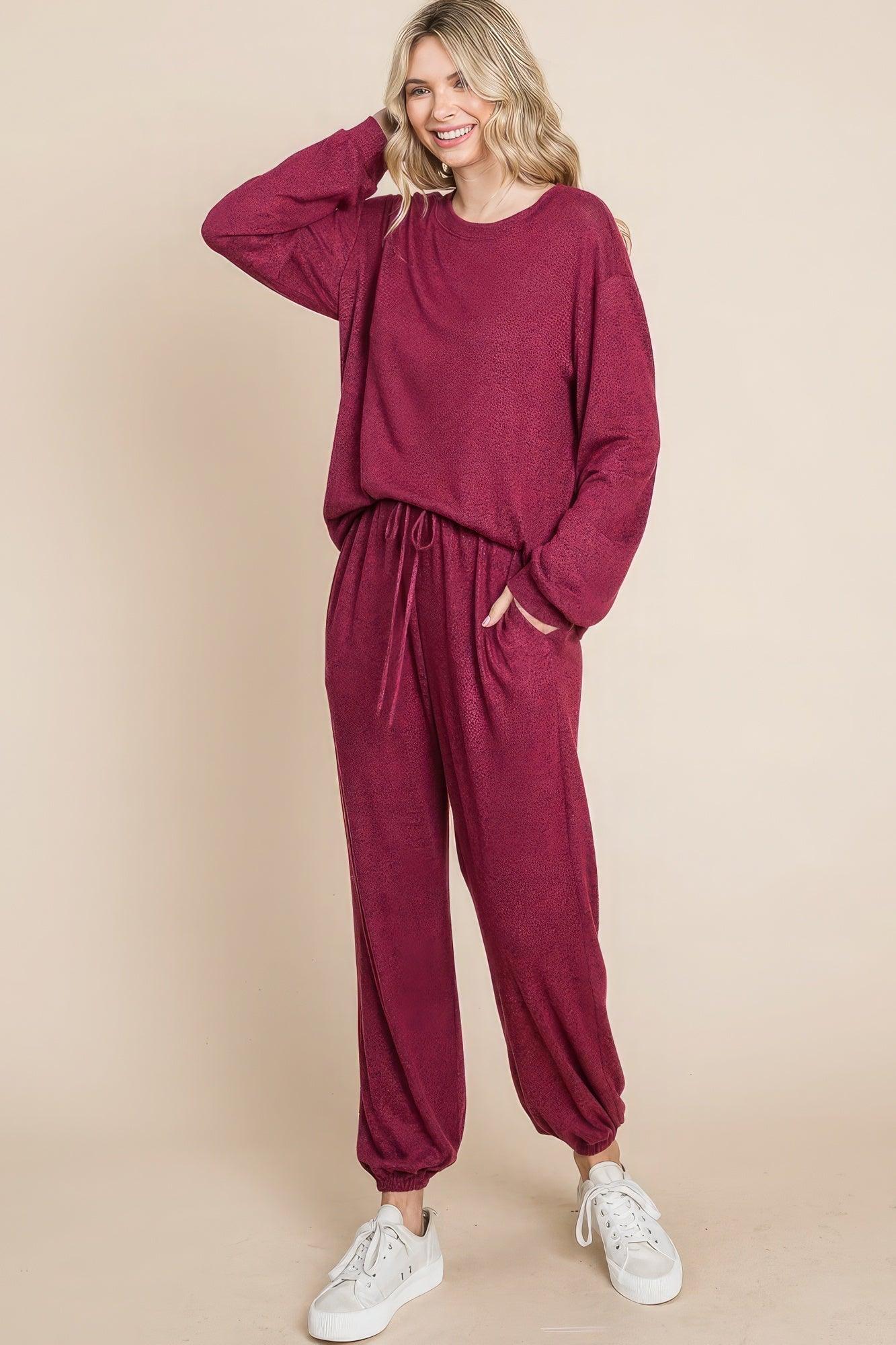 Two Tone Solid Warm And Soft Hacci Brush Loungewear Set - Leur Beau Monde Boutique