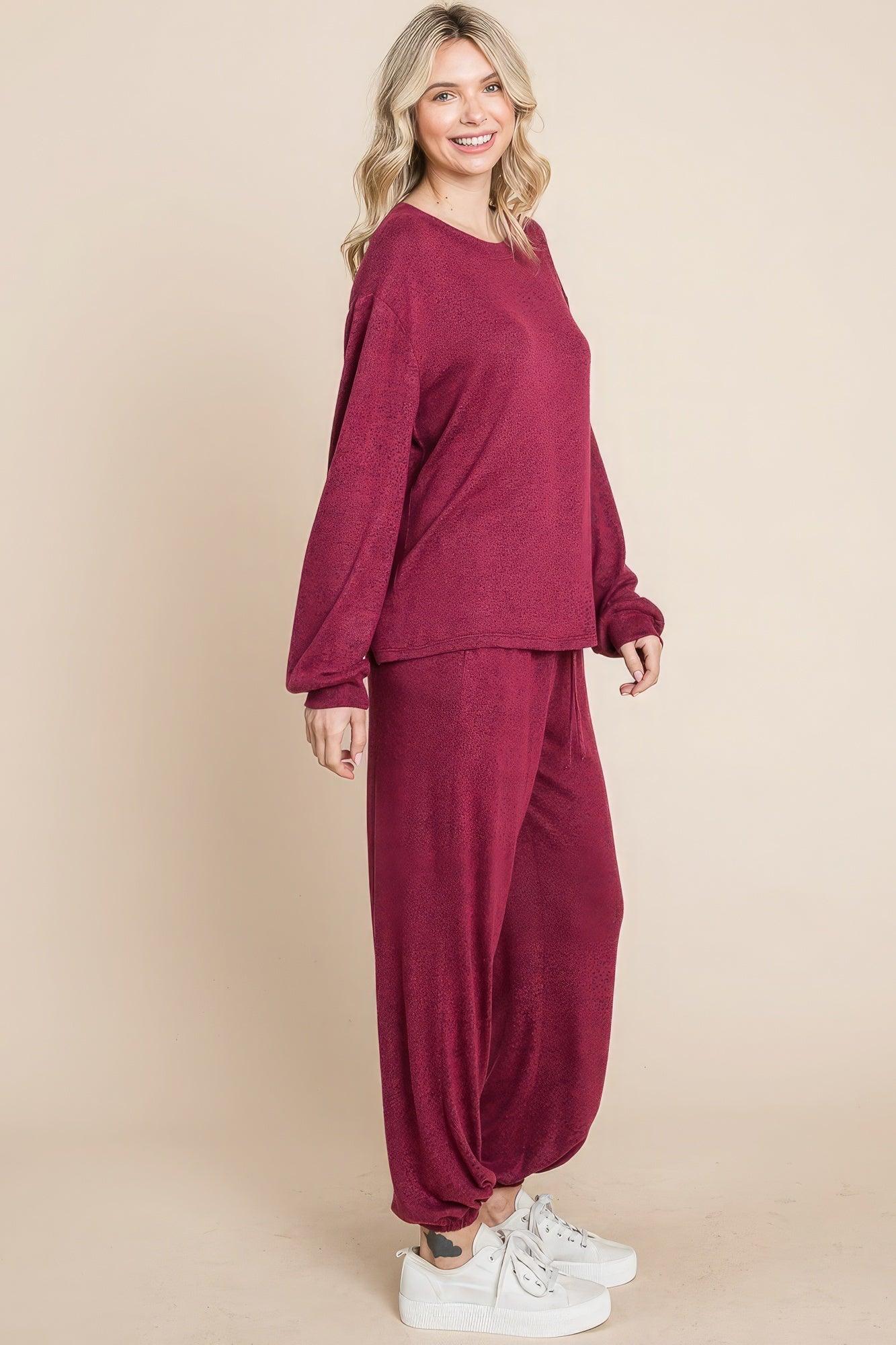 Two Tone Solid Warm And Soft Hacci Brush Loungewear Set - Leur Beau Monde Boutique