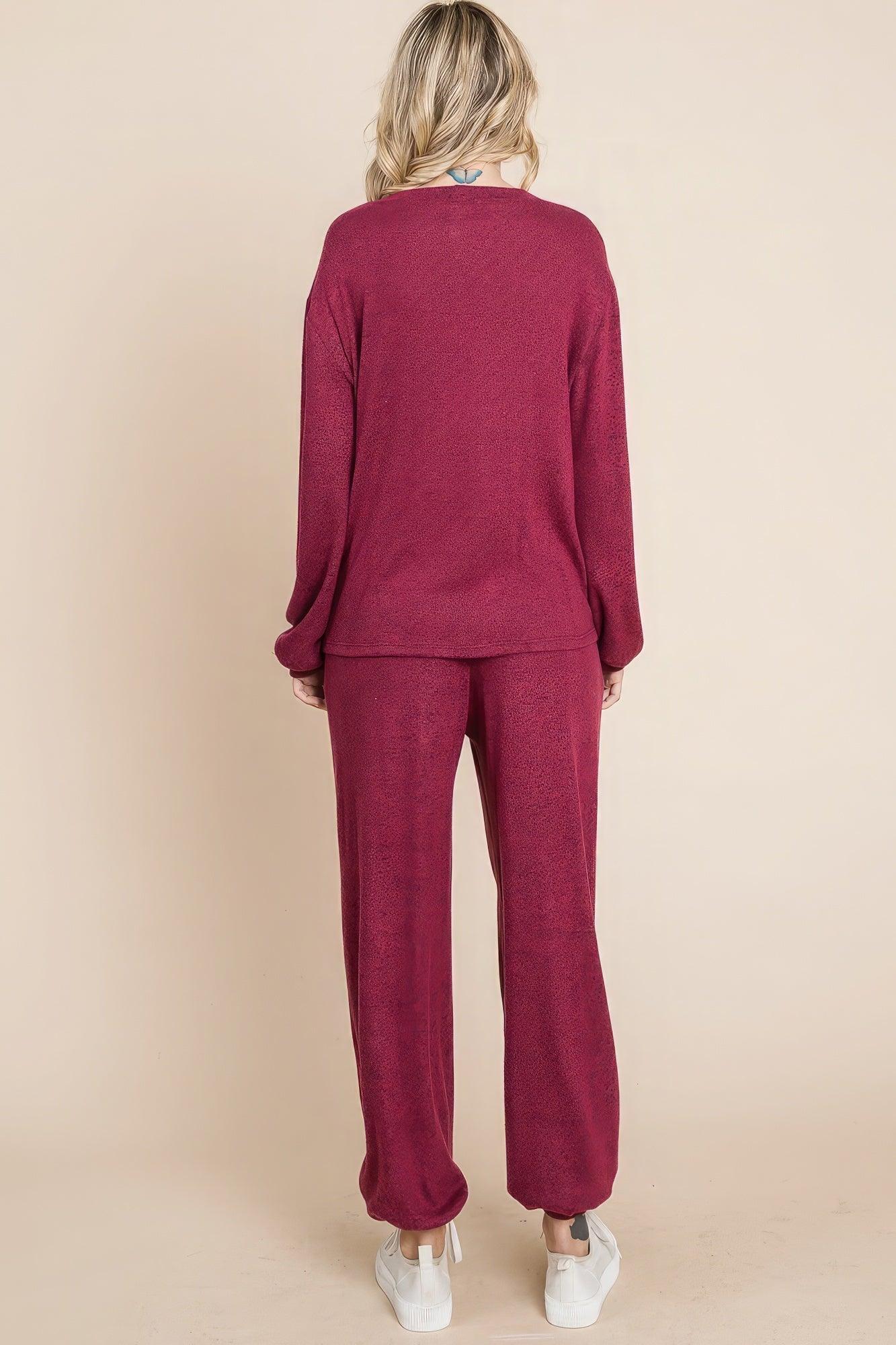 Two Tone Solid Warm And Soft Hacci Brush Loungewear Set - Leur Beau Monde Boutique