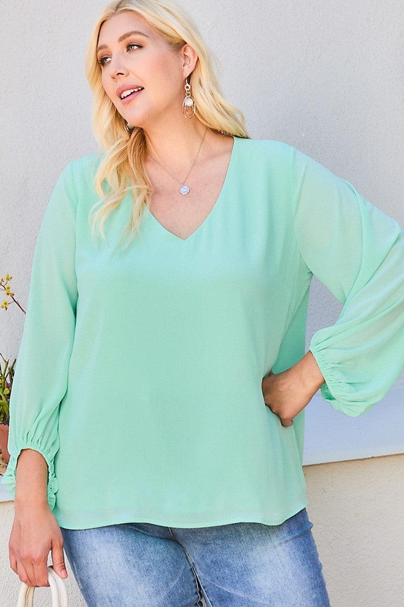 V Neck Bubble Sleeve Solid Top - Leur Beau Monde Boutique