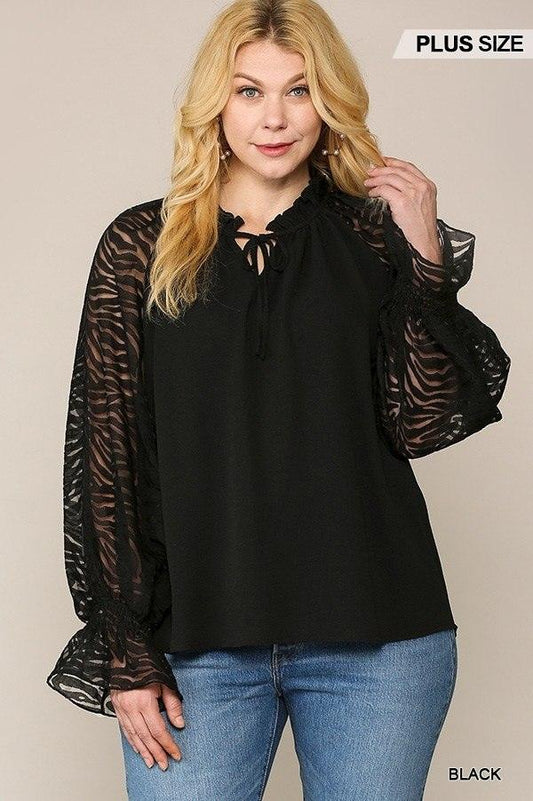 Zebra Burnout Sleeve Ruffled Neck Bubble Crepe Blouse - Leur Beau Monde Boutique