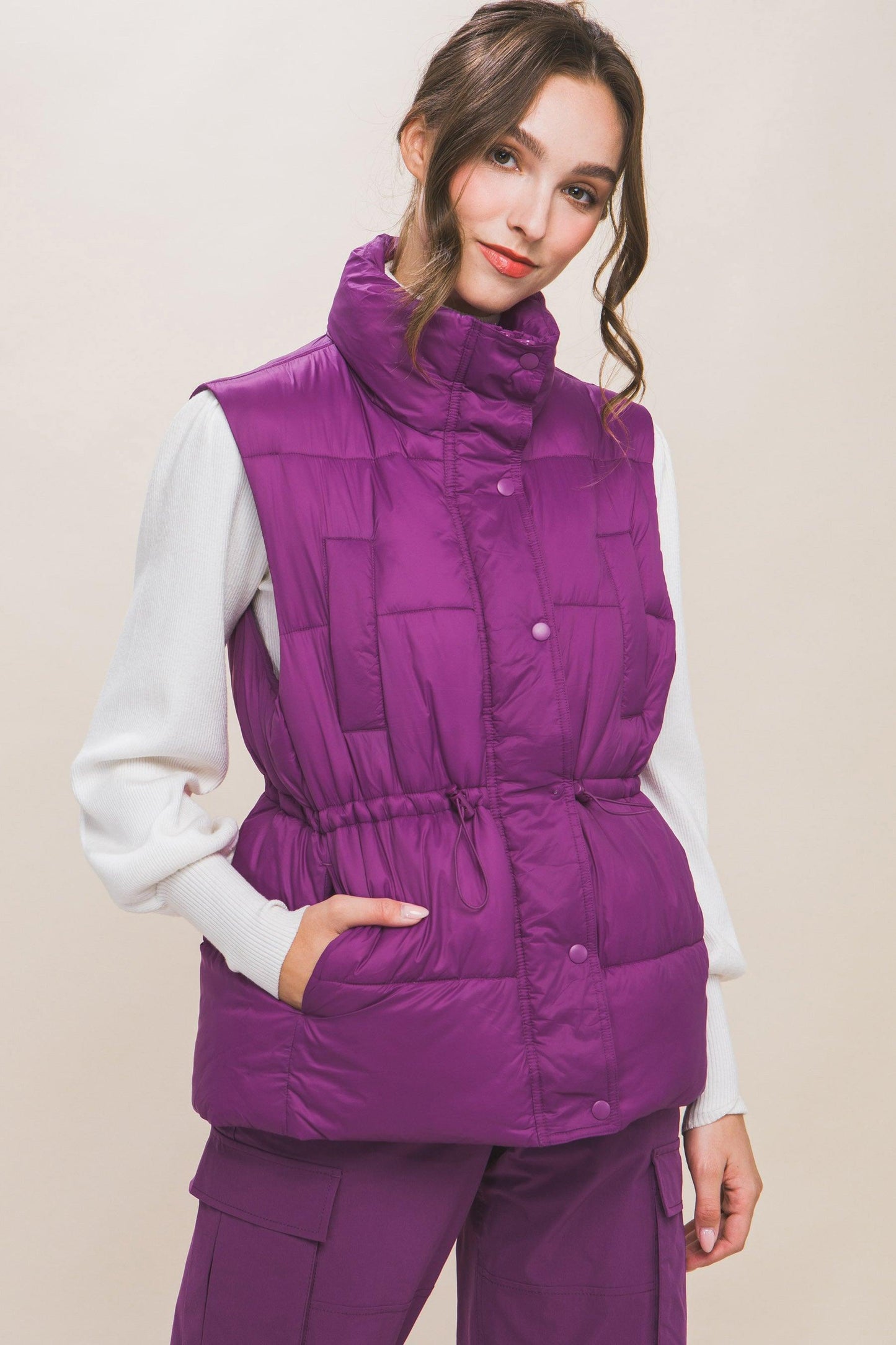 Zip Up Button Puffer Vest With Waist Toggles - Leur Beau Monde Boutique