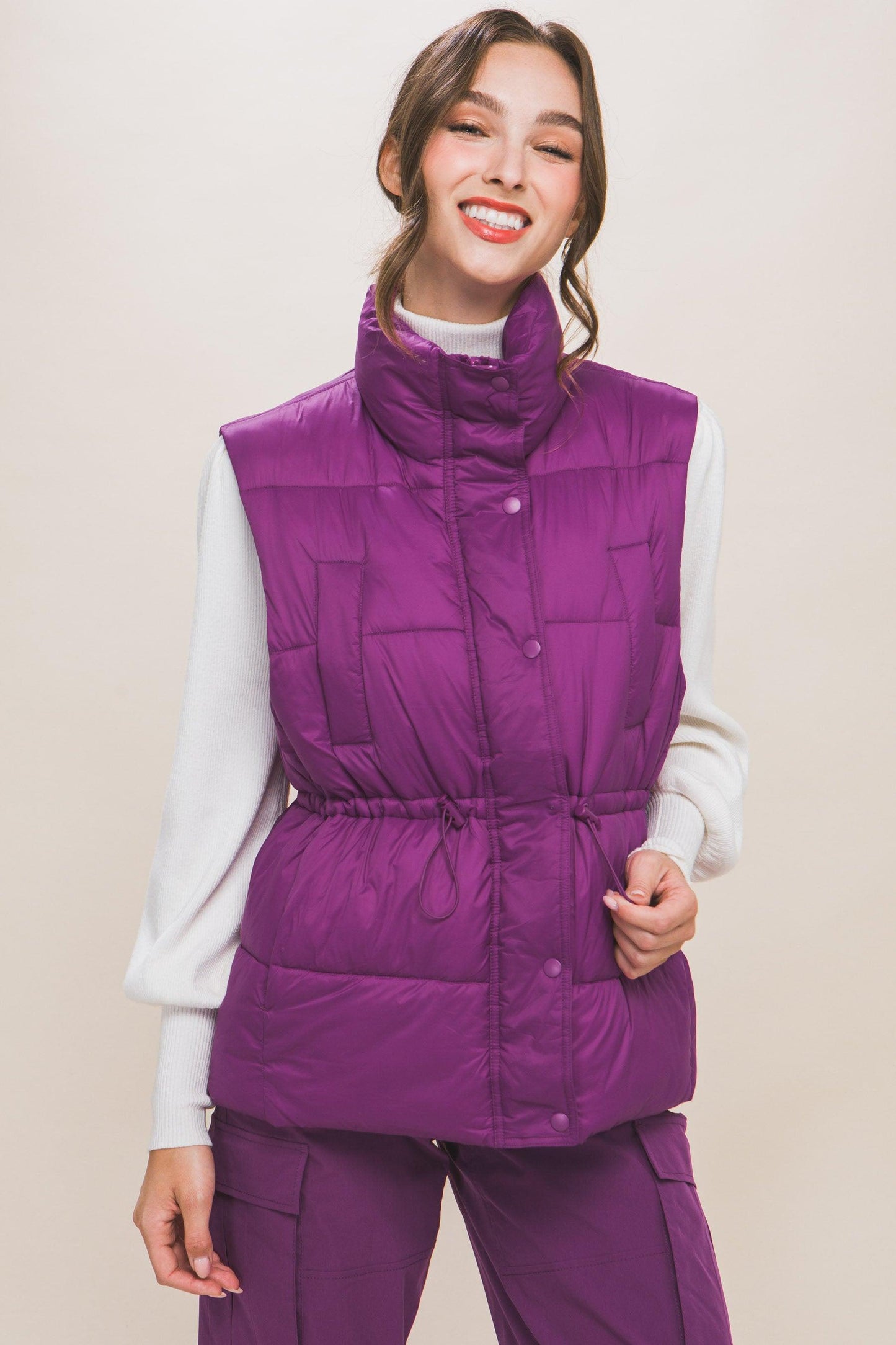 Zip Up Button Puffer Vest With Waist Toggles - Leur Beau Monde Boutique