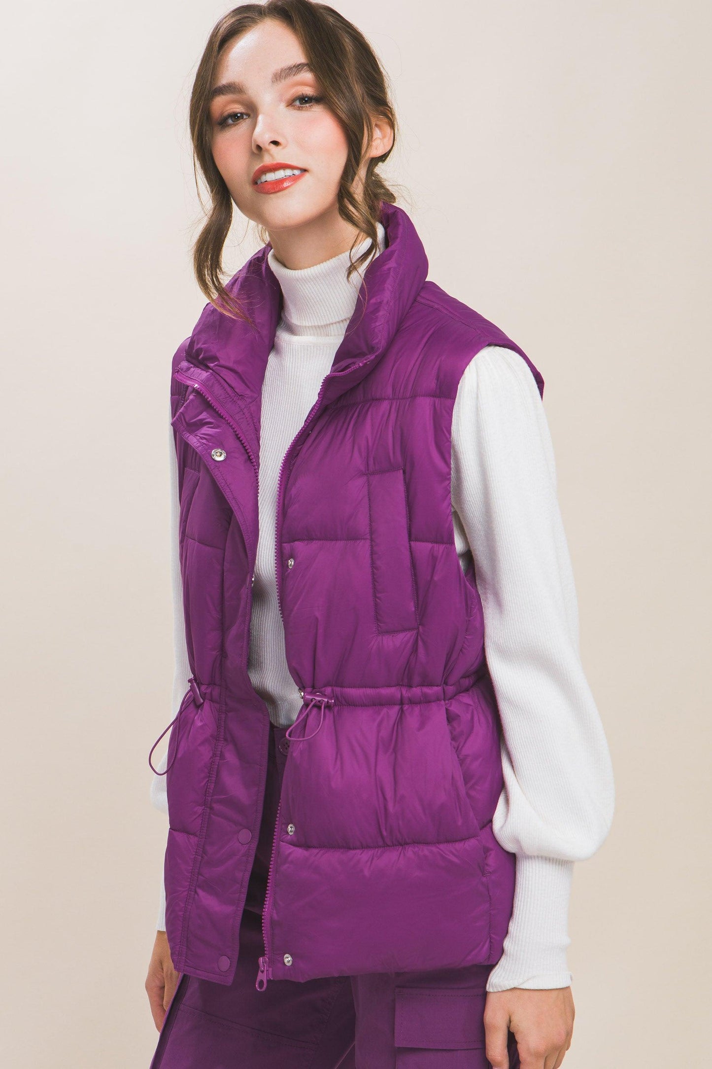 Zip Up Button Puffer Vest With Waist Toggles - Leur Beau Monde Boutique