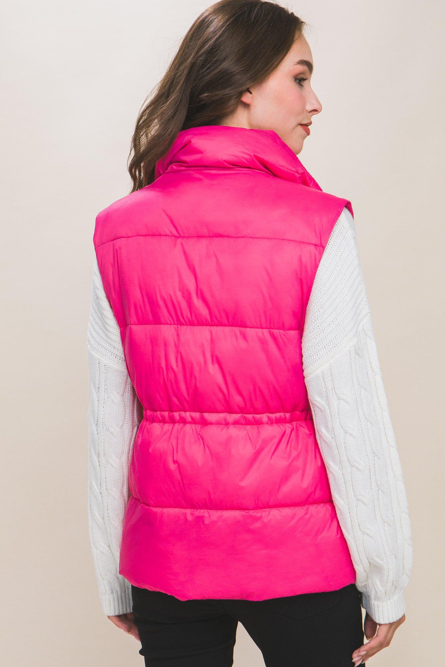 Zip Up Button Puffer Vest With Waist Toggles - Leur Beau Monde Boutique